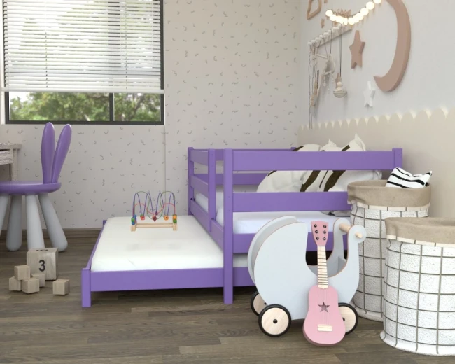 bezpieczne łóżko dla bliźniaków dwulatków, Czarek Low fioletowy