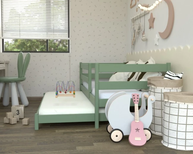 Bezpieczne łóżko dla dwulatków w kolorze oliwkowym Czarek Low od Valor Meble