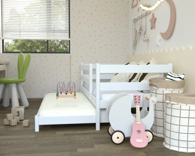 białe bezpieczne łóżko dla dwulatka z szufladami, model CZAREK LOW Premium