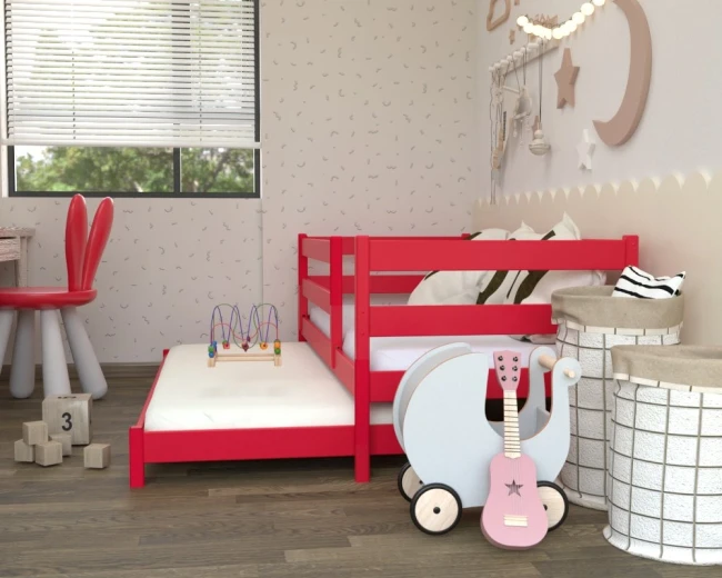 czerwony łóżko podwójne dla dwulatków Czarek Low Niska wysokość – idealna dla pierwszych samodzielnych nocy