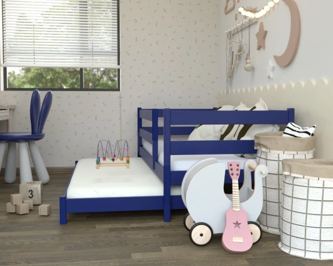 granatowe łóżko podwójne rozsuwane CZAREK LOW – praktyczne łóżko z wysoką barierką dla aktywnego malucha