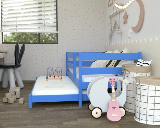 CZAREK LOW łóżko w wersji niebieskiej – chłopięcy styl i funkcjonalność