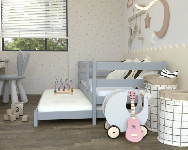 Świetna baza do każdej aranżacji – popielate łóżko dla dziewczynki i chłopca Czarek Low Premium