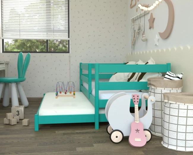 CZAREK LOW – praktyczne łóżko z wysoką barierką dla aktywnego malucha w kolorze turkusowym