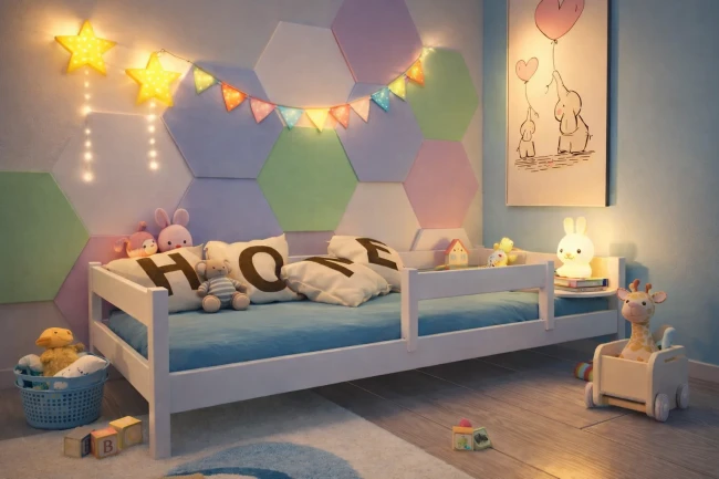 Łóżko dla dziecka Mini Low wieczorem.webp