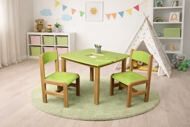 stolik i krzesełka dla dzieci w kolorze seledynowym od Valor meble.webp