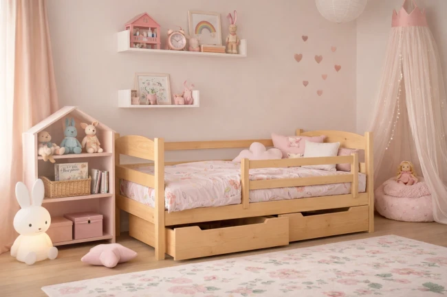 Łóżko dla dziewczynki Julia premium w lakierze bezbarwnym.webp