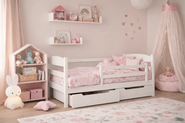 Łóżko dla dziewczynki Julia w kolorze białym z barierką.webp