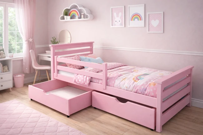 Łóżko dla dziewczynki Adaś Premium w kolorze pudrowy róż.webp