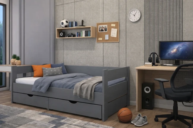 Łóżko dla nastolatka Jurek premium kolor grafit dwie szuflady z wcięciem