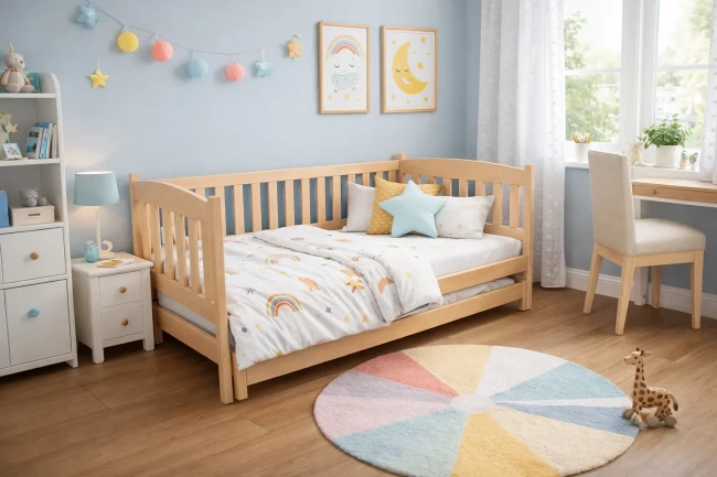 Złożone łóżko podwójne dla dzieci w naturalnym, uniwersalnym kolorze
