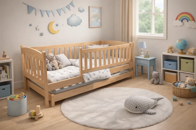 Lozko wysuwane-dla-dwojki-dzieci-Hania-Low-premium-zlozone-jedna-dluzsza-barierka.webp