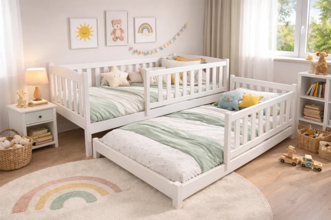 Klasyczne białe łóżko wysuwane z barierką zabezpieczającą – Hania Low PREMIUM