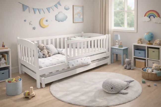 Łóżko wysuwane Hania Low PREMIUM – front w kolorze białym w pokoju dziecięcym