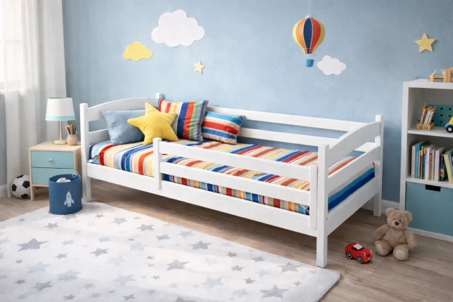 Bezpieczne łóżko dla 2-latka w stylu Montessori tuż nad podłogą