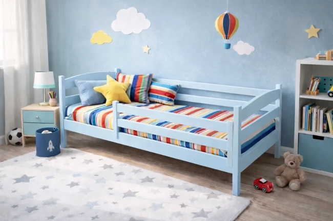 Drewniane łóżko dziecięce z uniwersalną barierką ochronną