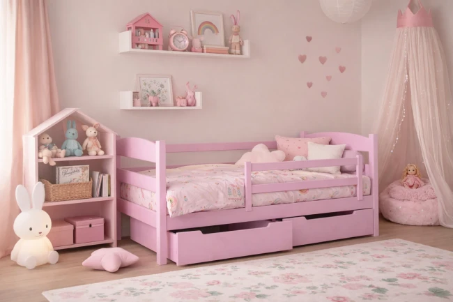 łóżko dla dzieci i młodzieży Julia Premium z drewna sosnowego od producenta Valor Meble z szufladami i barierka mobilną kolor pastelowy róż