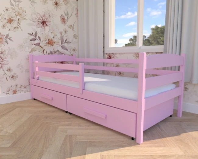Drewniane łóżko dla dzieci Julia Premium, bezpieczna barierka zdejmowalna, szuflady uchwyt, kolor pastel róż od Valor Meble,
