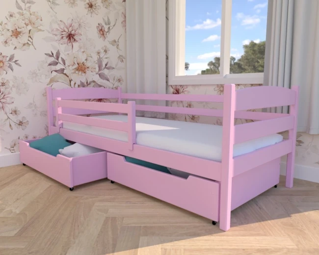 Nowoczesne łóżko w pokoju dziecka,Julia Premiu kolor delikatny róż, z barierką ochronną, szuflady długie wcięcie.