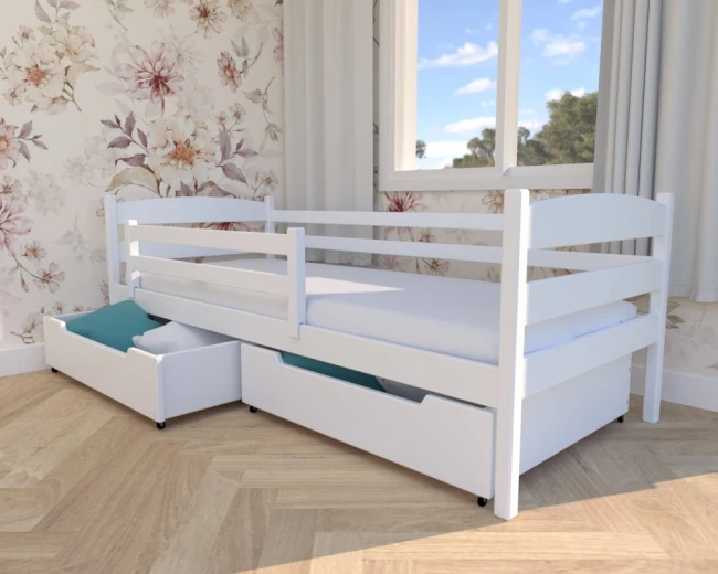 Białe łóżko Julia Premium, szuflady długie wcięcie, ochronna barierka od Valor Meble