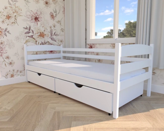 Białe drewniane łóżko dla dzieci i młodzieży Julia Premium, szuflady na pościel w całości z drewna od Valor