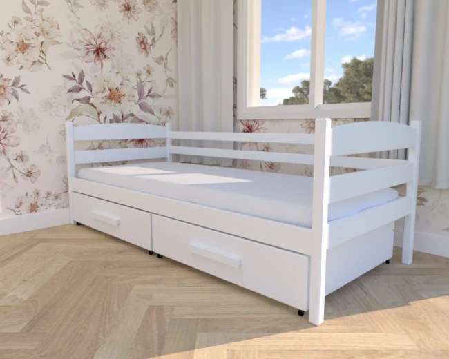 Eleganckie białe łóżko Julia Premium z litej sosny — wyposażone w bezpieczną barierkę oraz dużą szufladę z praktycznym uchwytem