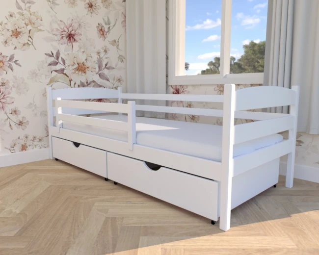 Julia Premium — biały model łóżka z sosnowego drewna z bezpieczną barierką i funkcjonalnymi, pojemnymi szufladami