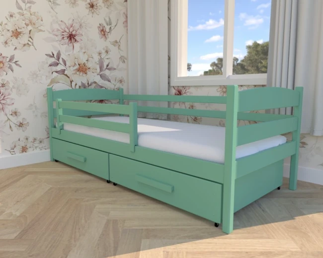 Łóżko drewniane Julia Premium z barierka ochronną w kolorze miętowym bezpieczne od producenta Valor Meble