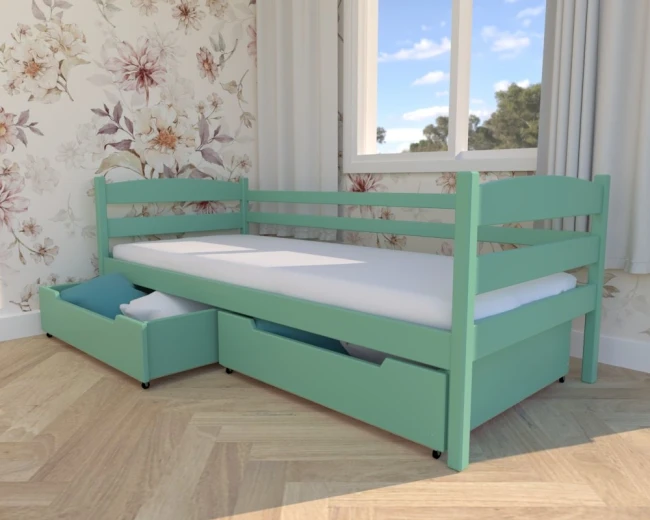 Drewniane łóżko Julia Premium, nowoczesne łóżko z barierką i dwiema pojemnymi szufladami na pościel