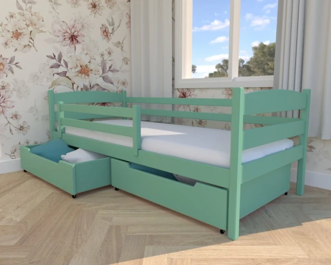 Miętowe łóżko Julia Premium, w całości drewniane nowoczesne łóżko z barierką i dwiema pojemnymi szufladami na pościel