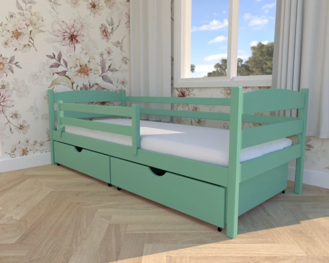 łóżko Julia Premium w pokoju dziecka, kolor mięta, szuflady małe wcięcie, barierka zdejmowalna