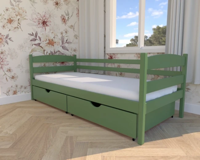 Oliwkowy kolor łóżka Julia Premium, łóżko z drewna sosnowego od Valor Meble, szuflady wcięcie