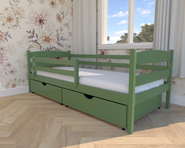 Nowoczesne łóżko Julia Premium w kolorze oliwkowym z szufladami na pościel i barierką ochronną