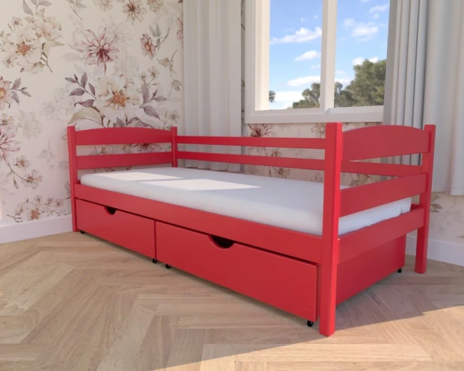 Czerwone łóżko Julia Premium z drewna sosnowego z pojemnymi szufladami – energia w pokoju dziecka.