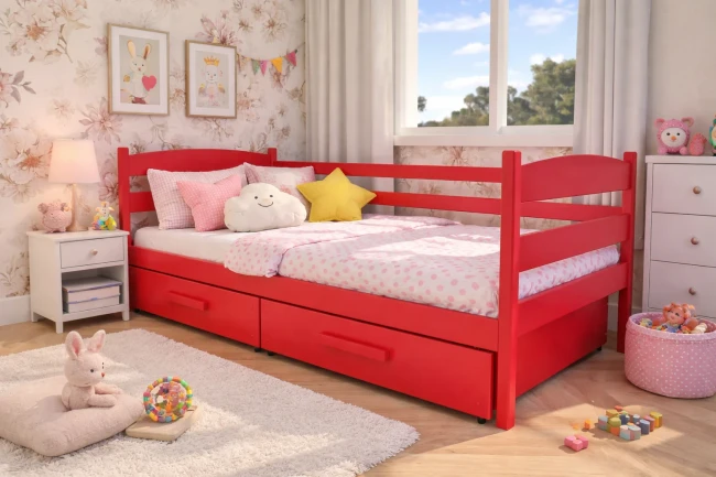 Czerwone łóżko dziecięce Julia Premium, w całości z drewna sosnowego, pojemne szuflady, energia w pokoju dziecka od Valor Meble