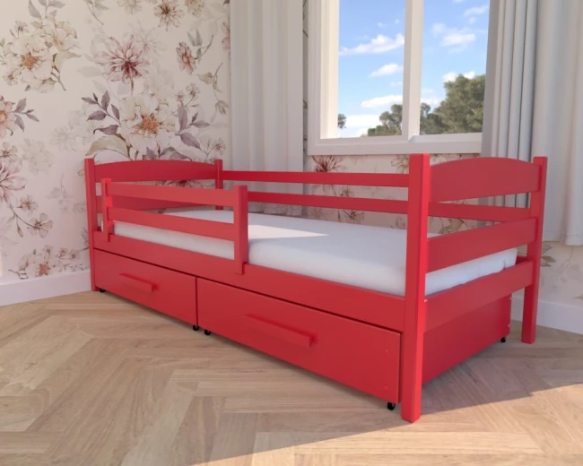 Czerwone łóżko dziecięce Julia Premium od Valor Meble – wykonane w całości z drewna sosnowego, z praktycznymi, pojemnymi szufladami i designem, który ożywia dziecięcą przestrzeń