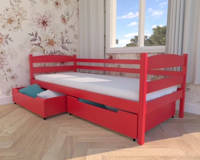 Julia Premium – czerwone łóżko dziecięce z naturalnego drewna sosnowego, które dzięki funkcjonalnym szufladom i wyrazistej kolorystyce nadaje wnętrzu charakteru.4.webp