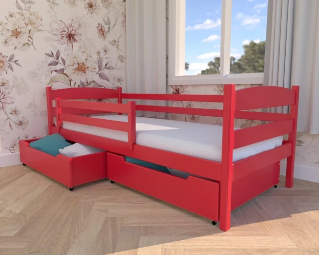Energetyczne czerwone łóżko Julia Premium marki Valor Meble, wykonane z litego drewna sosnowego, z pojemnymi szufladami na pościel i akcesoria.5.webp