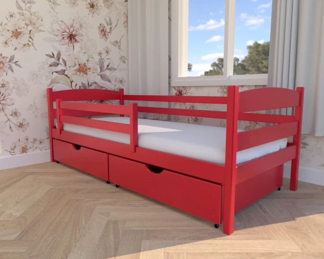 Julia Premium czerwone – drewniane łóżko dziecięce od Valor Meble z praktycznymi szufladami i barierką ochronną