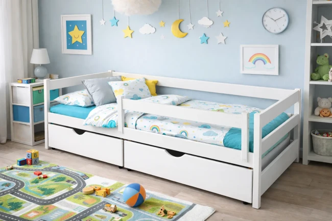 Białe łóżko dziecięce z barierka Mini Premium