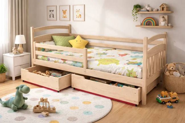 Drewniane łóżko z szufladami do pokoju dziecka Tadek