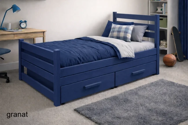 Łóżko w kolorze granatowym do pokoju nastolatka 110x200 z materacem