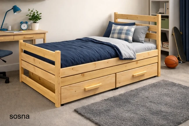 Sosnowe łóżko dla nastolatka 120x200 z szufladami