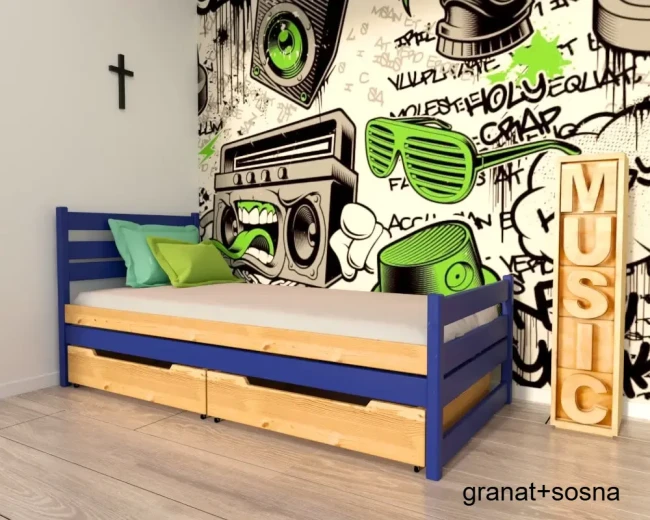 nowoczesne drewniane łóżko młodzieżowe Felix Classic w  granat i naturalna sosna