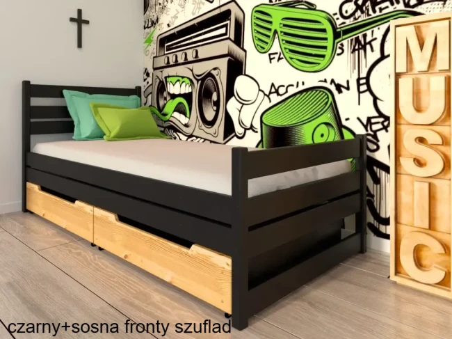 Łóżko młodzieżowe 80x200 Felix czarne sosnowe szuflady