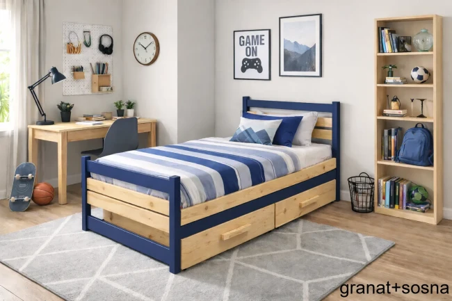 Fajne łóżko dla starszych dzieci materac sosna + granat