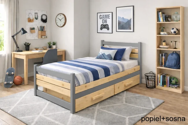 Łóżko do pokoju młodzieżowego Felix kolor popiel + sosnowe wstawki