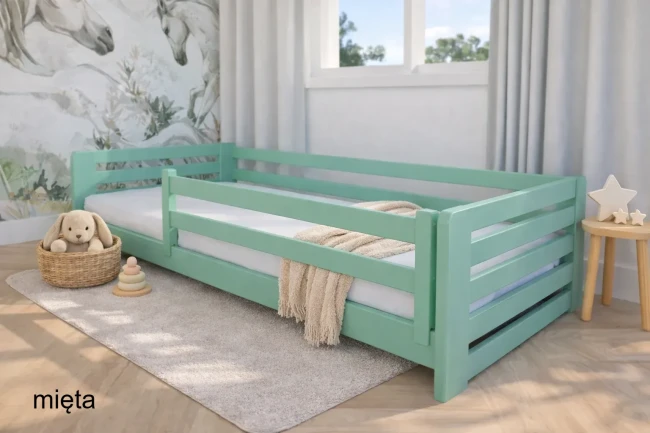 Niskie łóżko Montessori dla malucha Lili Low PREMIUM z drewnianą ramą – idealne łóżko dla dziecka – bezpieczny sen bez barier.