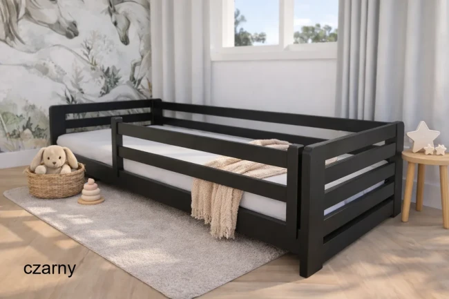 Drewniane niskie łóżko Lili Low PREMIUM – idealne łóżko do pokoju przedszkolaka z opcją personalizacji kolorów – bezpieczne farby nietoksyczne.