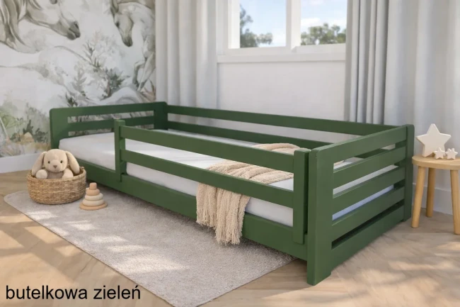 Widok niskiego łóżka dla dziecka Lili Low Premium – łóżko Montessori z bezpieczną barierką i stabilną ramą – mebel dla 2-4 latka.